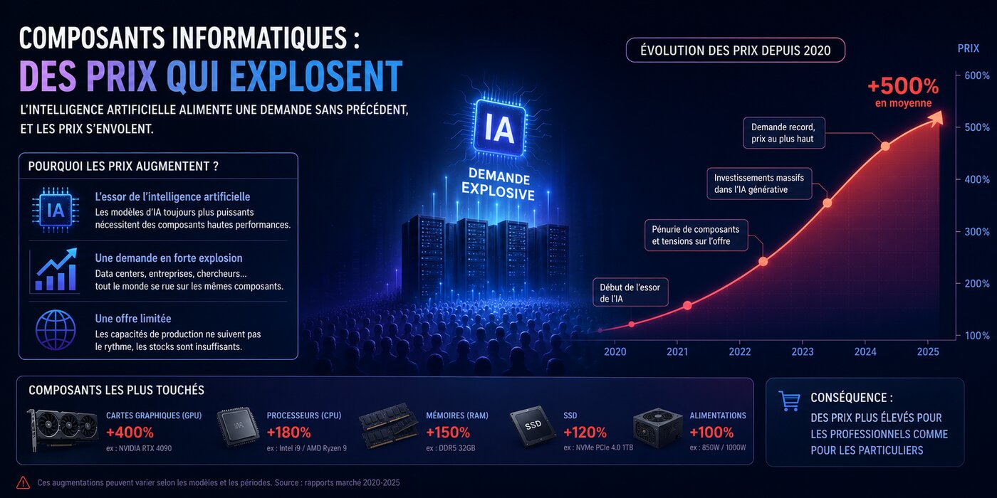 Infographie sur la hausse des prix des composants informatiques liée à la demande de l'intelligence artificielle