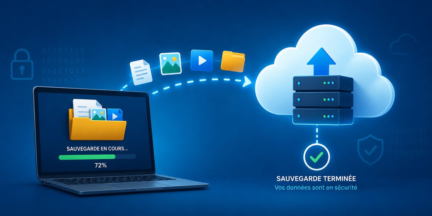 Illustration d'une sauvegarde de fichiers vers le cloud, chiffrée et sécurisée
